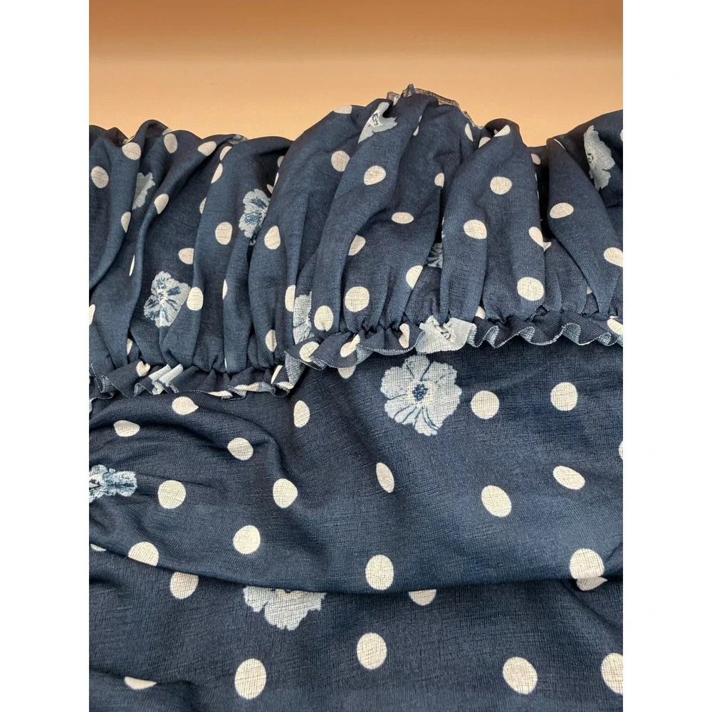 Free People Tube Top Navy Blue White Polka Dot Ruched Ruffle Fitted Large